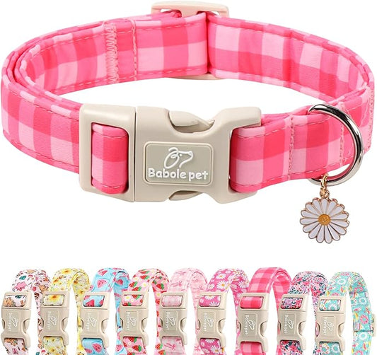 Girl Dog Collar for Large Dogs - Cute Pink Plaid Puppy Collar, Soft Adjustable Spring Summer Female Dog Collars with Quick Release Buckle L