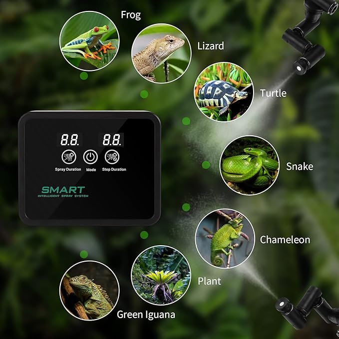 Reptile fogger Smart Spray System, Reptile Humidifiers Automatic with Timer, Reptile Mister with 360°Adjustable Misting Nozzles for Terrariums Amphibian Lizard Snake Frog Plants