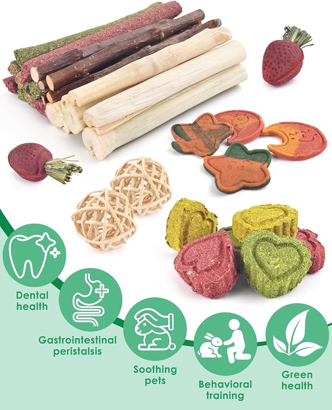 ERKOON 33PCS Bunny Chew Toys for Rabbits Teeth, Natural Rabbit Toys Apple Wood Sticks, Carrot, Timothy Grass Treats for Small Pets, Hamster, Chinchilla, Guinea Pig Dental Care and Treat Teething Toys