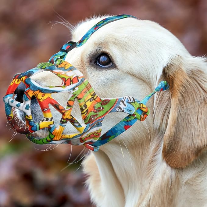 Mayrezon Dog Muzzle, Printed Basket Muzzle for Small Medium Large Dogs Dachshund, Beagle, German Shepherd, Breathable Pet Muzzles to Prevent Biting Chewing Scavenging, Allows Panting and Drinking