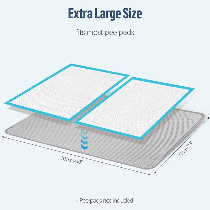 Pee Pad Holder for Dogs, 40" x 28" Silicone Pee Tray Mat Leak-Proof, High Edge, No Spill Pet Pad Holder for Puppy, Cat, Rabbit, Dog Training Pads for Home Floor Protection (Grey)