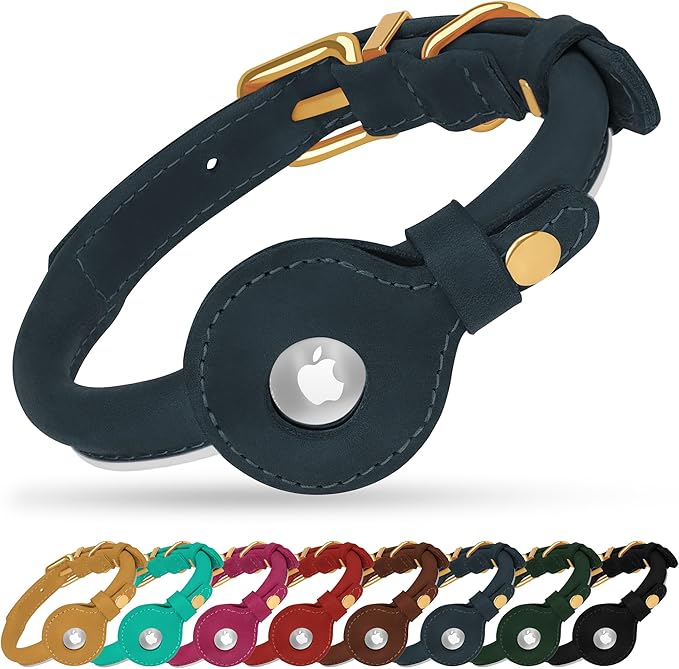 OOPSDOGGY Rolled Leather Dog Collar with Airtag Holder - Reflective Round Airtag Dog Collar - Soft Tracking Pet Collar for Small Dogs Puppy Cats Kitten (Denim, XL, 17"-21")