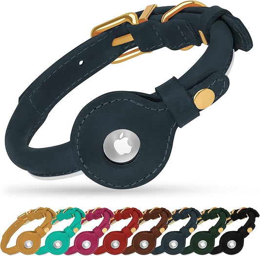 OOPSDOGGY Rolled Leather Dog Collar with Airtag Holder - Reflective Round Airtag Dog Collar - Soft Tracking Pet Collar for Small Dogs Puppy Cats Kitten (Denim, XL, 17"-21")