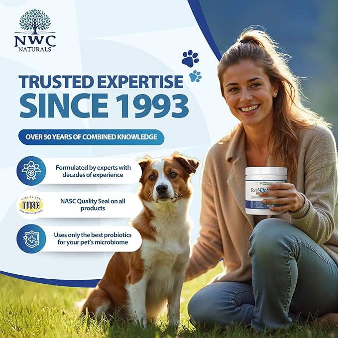NWC Naturals Total-Biotics, Cat & Dog Probiotics for Digestive Health with Prebiotic, Unflavored Probiotic for Dogs & Cats, Supplement for Gut, Skin, Coat, Upset Stomach Relief, 365 Servings, 8 Ounces