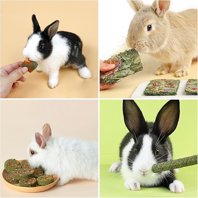 Fhiny Rabbit Chew Toys, 33 PCS Natural Guinea Pig Chew Toys for Teeth Handmade Small Animal Timothy Molar Sticks & Cakes Bunny Snacks Hamster Treats for Guinea Pig Bunny Chinchilla Hamster Gerbil