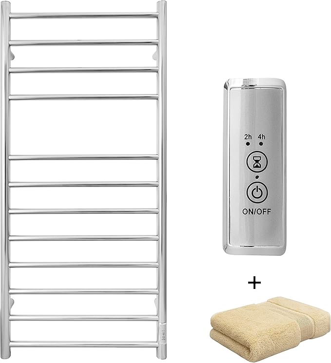 KEG Towel Warmer Wall Mounted with Built-in Timer 12 Bars Electric Stainless Steel Heated Towel Racks for Bathroom, Hot Plug-in Bath Towel Heater Polish Chrome