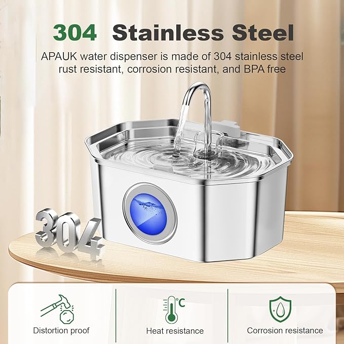 Cat Water Fountain Stainless Steel 108oz/3.2L, APAUK Automatic Pet Fountain Dog Water Dispenser with Water Level Window, Quiet Cat Fountain for Drinking, Inside with Replacement(2 Filters&2 Sponges)