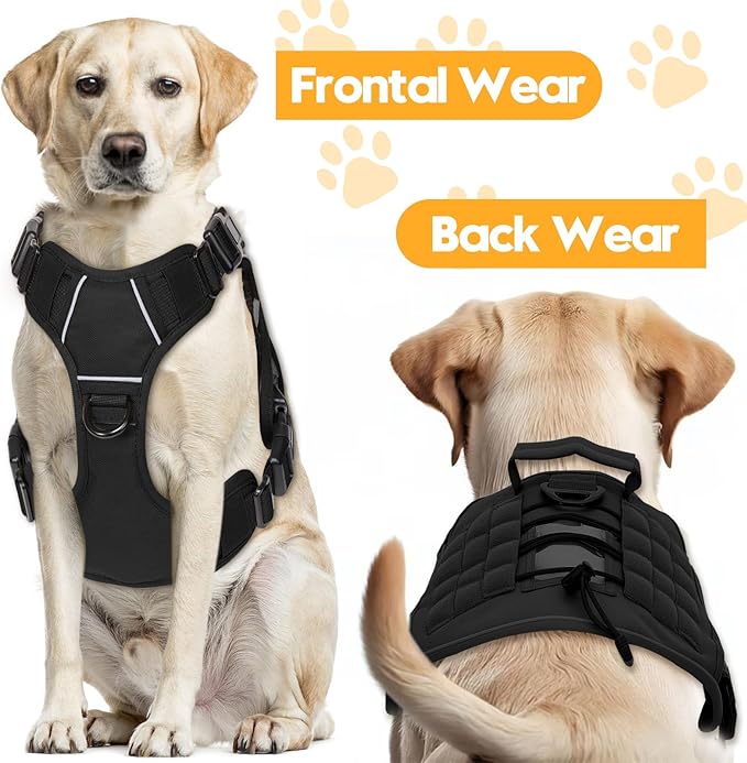 Heavy-Duty Tactical Dog Harness for Large Dogs, No Pull Adjustable Reflective Pet Vest with Molle System, K9 Military-Grade Control for Service Training, Outdoor & 10+ Breeds, Black, Large