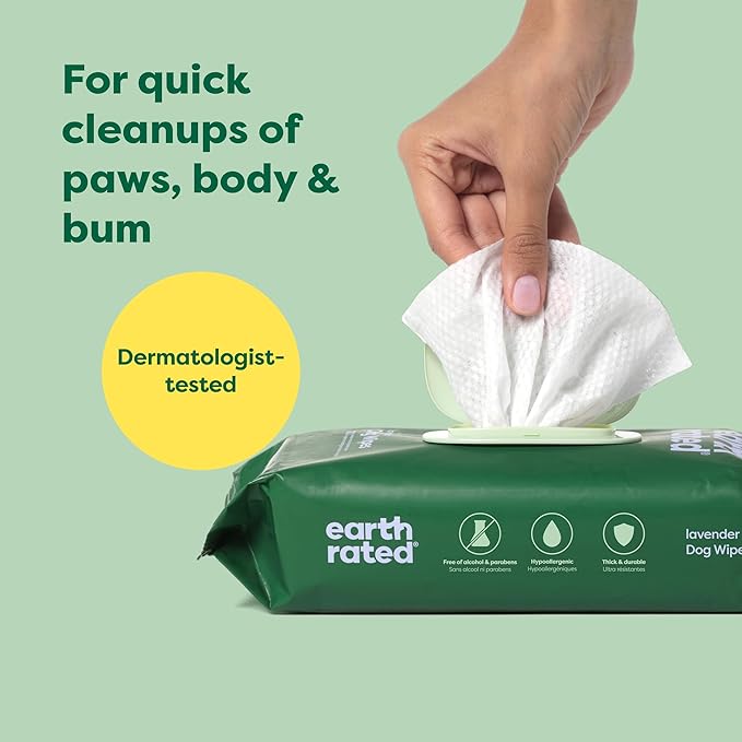 Earth Rated Dog Wipes, Hypoallergenic, Cleaning and Hydrating, for Grooming Paws, Body and Butt, Lavender Scented, 100 Count