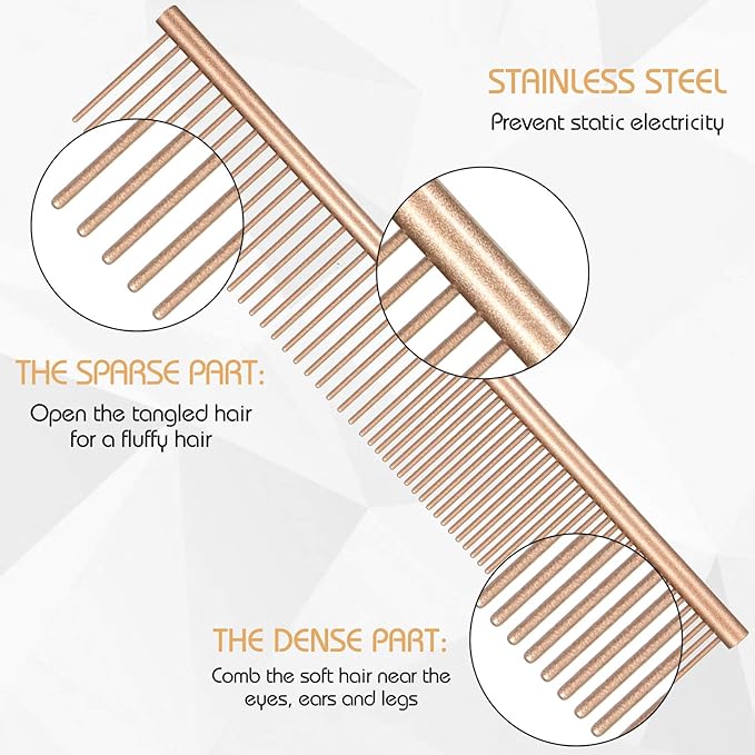 3 Pcs Stainless Steel Grooming Combs for Matted and Tangled Long Hair - Pet Guide Clippers for Dog and Cat