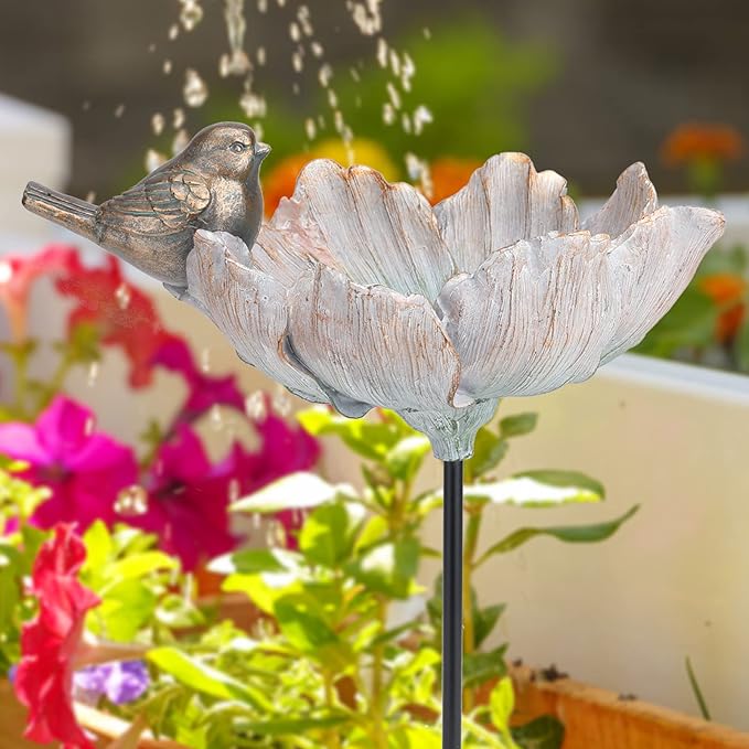 MUMTOP Outdoor Antique Bird Bath Small Flower Bird Baths Bowl Resin Birdbaths for The Garden with Metal Stake