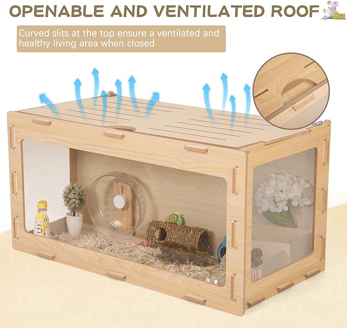COZIWOW Wooden Hamster Cage Chewproof, Bigger World - 32" Large Hamster Cages and Habitats, Openable Top & 3 Side Acrylic Sheets, Small Animal Cage Pet House for Syrian Dwarf Guinea Pig Chinchilla