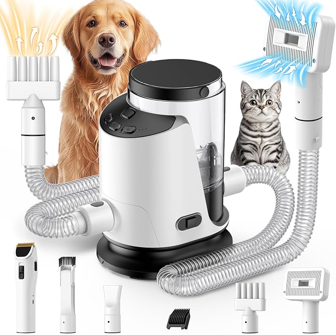 Dog Grooming Vacuum & Dryer & Clippers for Shedding Grooming, 3L Canister for Large Dog, 3 in 1 Grooming Kit for Dogs at Home, Adjustable Temperature and Airflow Pet Grooming Kits.