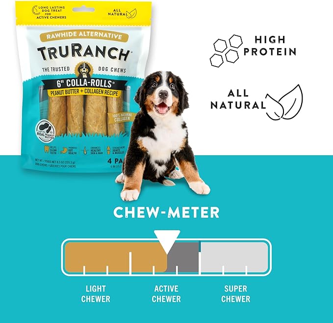 Collagen Rolls - 6" Collagen Rolls for Dogs - Long Lasting Healthy Joint Support Dog Treat - Rawhide Alternative - Skin & Coat Health - Made with Real Peanut Butter, 1 Bag, 4 Count