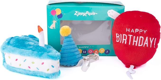 ZippyPaws Birthday Box - Dog Squeaky Toys to Keep Them Busy, Funny Food Plush for Small, Medium, & Large Dogs, Cute Stuffed Puppy Toy & Hat, Pet Products, Gift for Dogs of All Breeds - 3-Pack