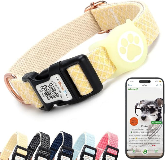 Dog Collar with Waterproof AirTag Holder & Anti-Lost QR Code, Cute Bling Warpping Adjustable Width for Small Medium Large Pet (Yellow, M)