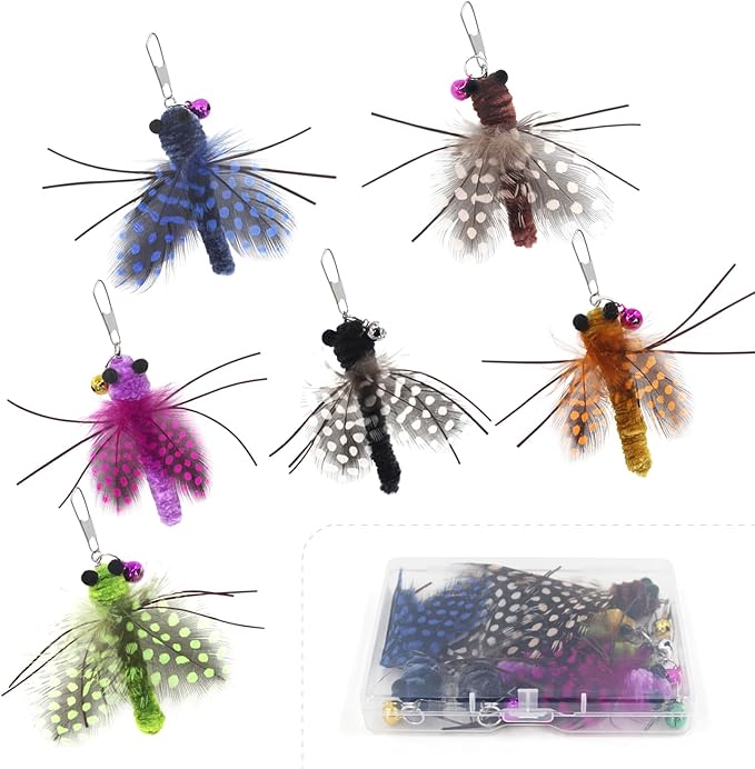 SONGWAY Insect Cat Toys with Feather - 6 Pieces Cat Insect Feather Toy Refills, Teaser Wand Attachments, Interactive Toys for Indoor Cats Kittens