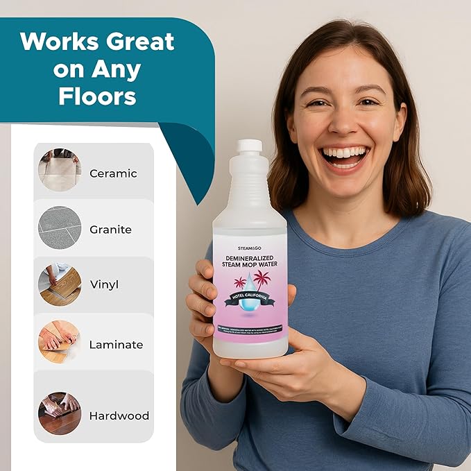 Steam & Go Deminerilized Water - Multi-Surface Cleaner for Steam Cleaners, Hardwood Floors, Kitchens, & Bathrooms - Germ-Killing Formula - Hotel California Scent - 32 Ounces (Pack of 12)