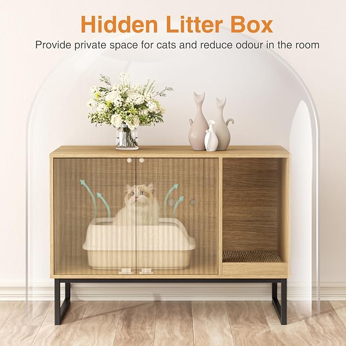 Cat Litter Box Enclosure, Fluted Hidden Litter Box Furniture with Scratch Pad and Metal Legs, Modern Enclosed Cat Cabinet, 31.5 x 17.7 x 21.7 Inches Indoor Pet House for Living Room, Washroom, Natural