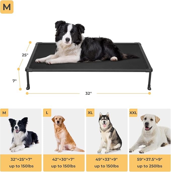 Veehoo Chewproof Elevated Dog Bed - Cooling Raised Pet Cot, Breathable Mesh, Washable & Non-Slip for Medium Dogs, Indoor/Outdoor, Black Mat and Black Frame, 32x25inches (Model CWC2203A03)
