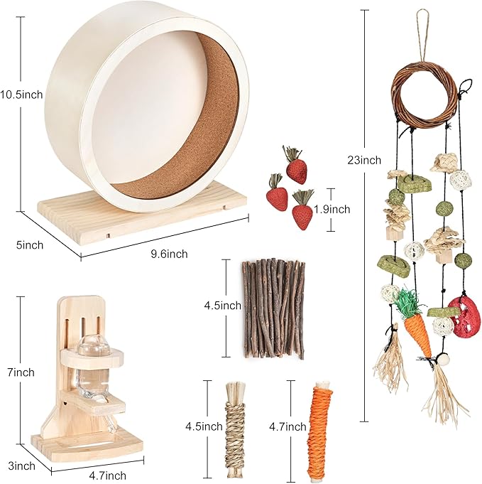 antiai 9.8 Inch Wooden Hamster Exercise Wheel Set,Silent Wheel Quiet Spinner Hamster Running Wheels,Hamster Water Feeder Accessories Chew Toys for Hamsters, Gerbils, Mice and Other Small Pets,9 pcs