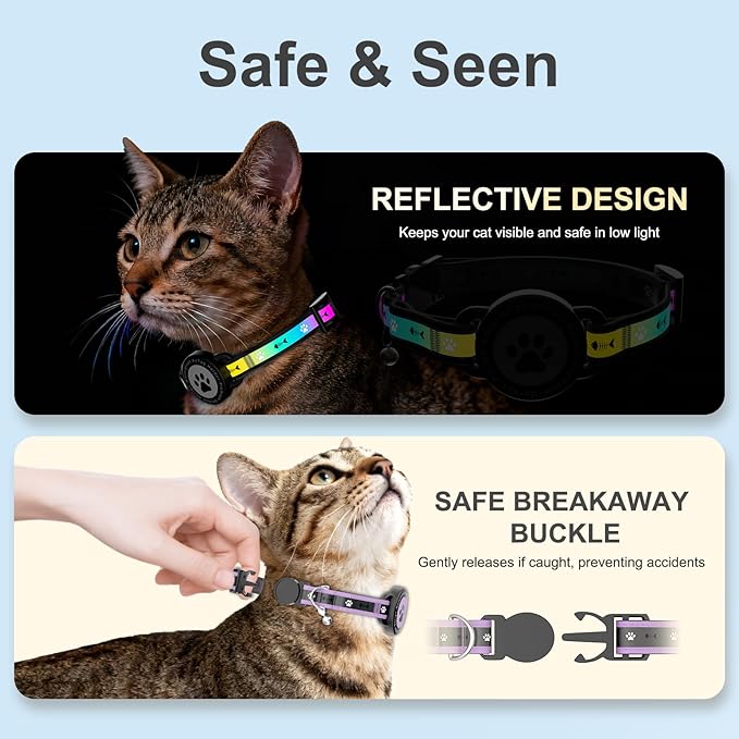 Airtag Cat Collar Breakaway, Reflective Cat Collar with AirTag Holder and Bell, Compatible with Apple Air Tag, Comfortable Padding, Adjustable, Durable (Purple, XS)