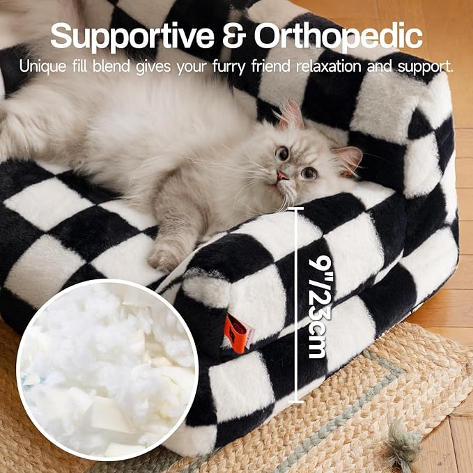 MEWOOFUN Cat Bed for Indoor Cats, Washable Dog Beds for Small Medium Dogs & Cats, Fluffy Cat Couch with Non-Slip Bottom (Black&White, 26.0" L x 19.0" W x 13.0" Th)