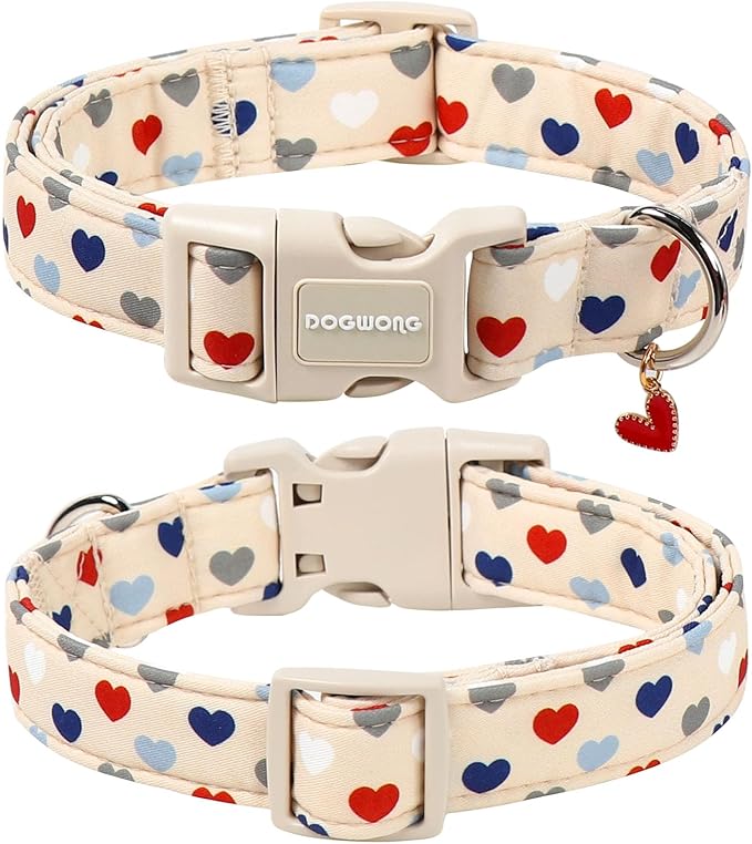 DOGWONG Valentine's Dog Collar-Hearts Print Dog Collar for Large Cute Dog Collars Spring Female Male Pet Gift Adjustable Heavy-Duty Soft Collar，S