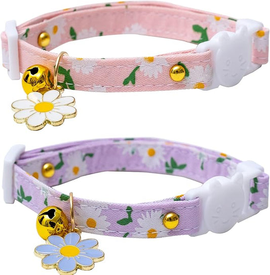 2 Pack Cotton Breakaway Cat Collars with Bell Flower Pendant Kitty Kitten Collars Pink Purple Collar for Female Girl Cats Male Boy Cats