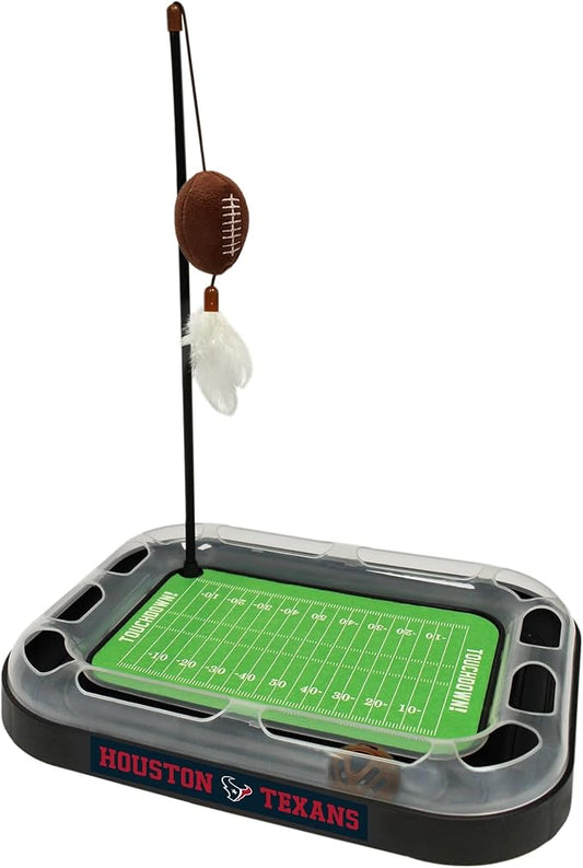 Pets First Catnip Toy HOUSTON TEXANS FOOTBALL FIELD CAT SCRATCHER TOY with CATNIP Filled Plush FOOTBALL Toy & Feather Cat Toy hanging, with Jingle Bell INTERACTIVE BALL Cat Chasing 5-in-1 KITTY Toy