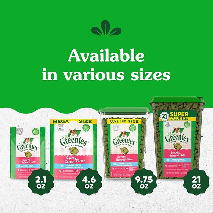 Greenies Feline Adult Dental Cat Treats, Savory Salmon Flavor, 21 oz. Tub