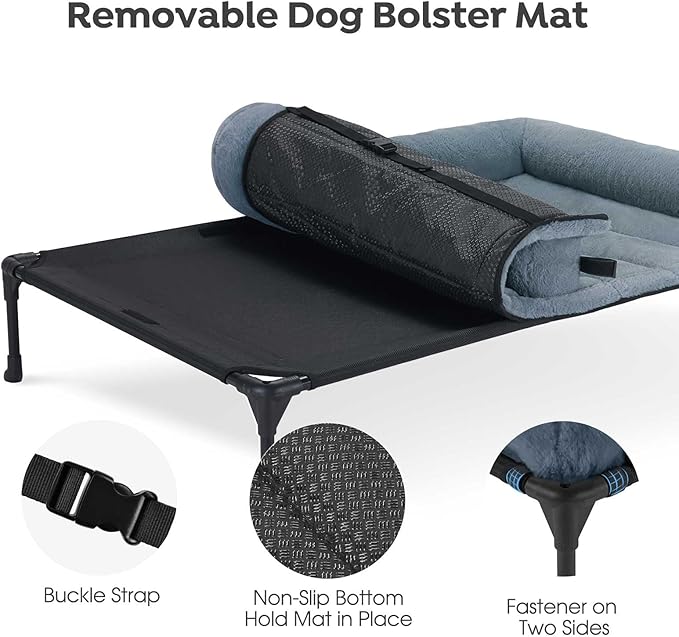 Veehoo Cooling Elevated Dog Bed with Fluffy Plush Bolster Cushion, Indoor Raised Dog Beds for Large Dogs, Soft Pet Sofa Cot with Removable Washable Mat, No-Slip Feet, 32 x 25 inches, Haze Blue