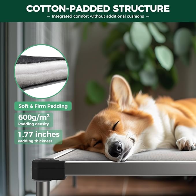 FXW TitanNest Chew-Proof Elevated Dog Bed, Raised Cot for Indoor/Outdoor/Camping Use, Durable & Washable Padded Pet Bed for Large Dogs, 47.0" L x 29.0" W x 7.3" H, Black