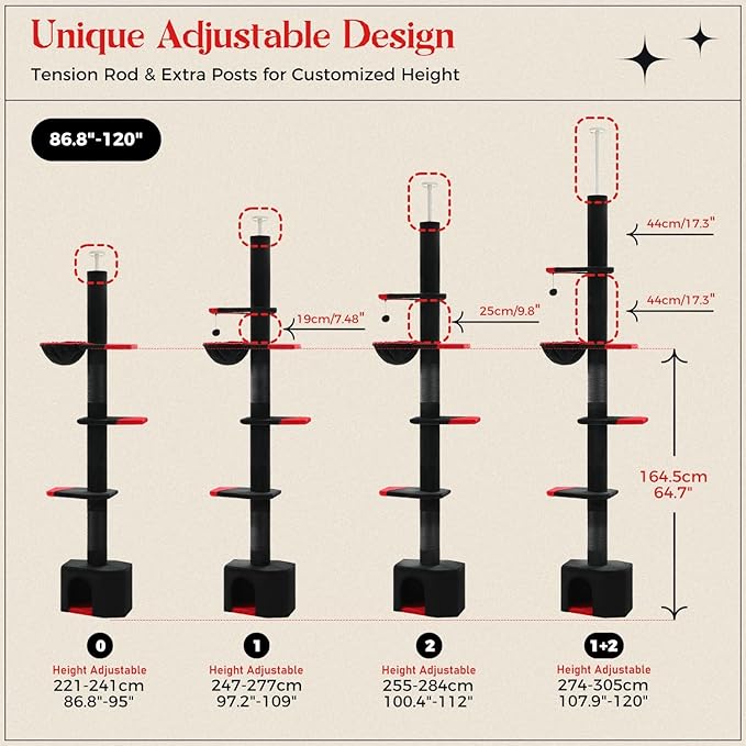 PAWZ Road Gothic Cat Tree, Floor to Ceiling Cat Tower with Adjustable Height (86.8-120 Inches), 5 Tiers Black Cat Condo with Cozy Hammock, Fully Scratching Posts and Dangling Balls for Indoor Cats