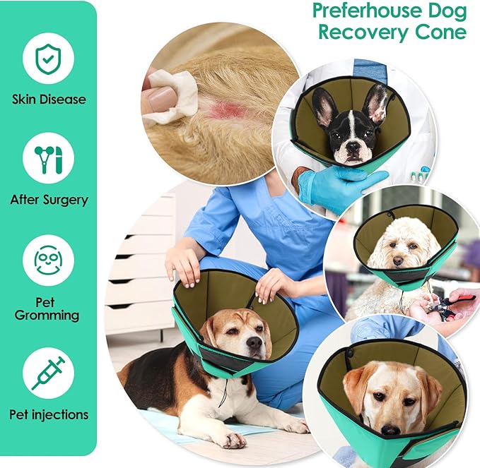 Small Dog Cone Collar, Adjustable Soft Dog Cone for Small Dogs to Stop Licking, Breathable Pet Recovery Cone for Small Male Female Dogs, Green S