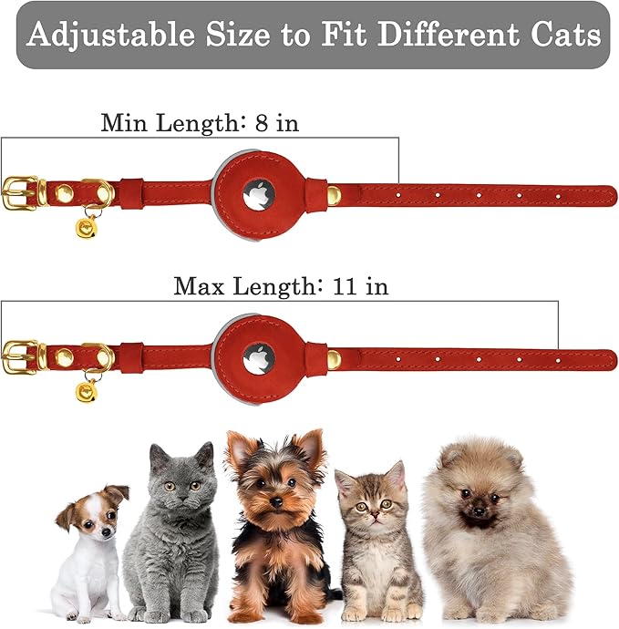 OOPSDOGGY Reflective Leather AirTag Cat Collar with Bell - Non Breakaway Adjustable Pet Collar with Apple Air Tag Holder - Lightweight GPS Kitten Collars for Small Dogs Puppy (Red)