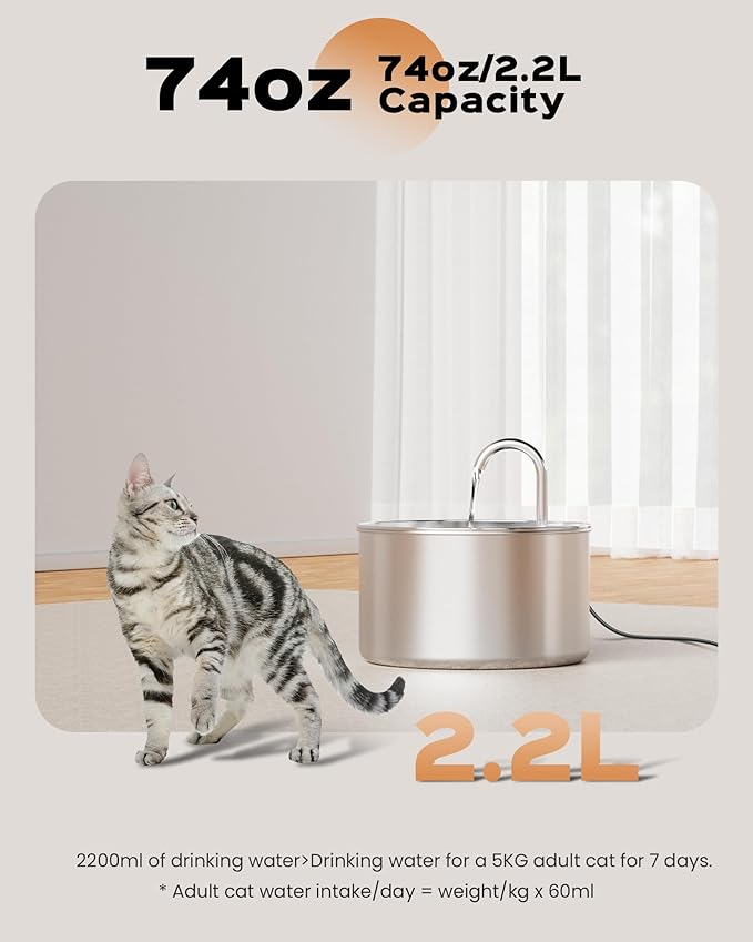 AOOGITF Cat Water Fountain + 8 Filters + 8 Sponges, 304 Stainless Steel Pet Water Fountain, 24 Hours Keep The Water Clean, 74oz Capacity, Ultra-Quiet, No Sputter, Compact, Easy Cleaning
