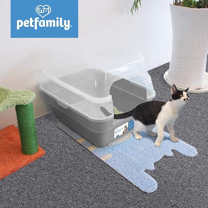 Petfamily Cat Litter Box, Large Foldable Jumbo Hooded with Transparent Lid,Grey