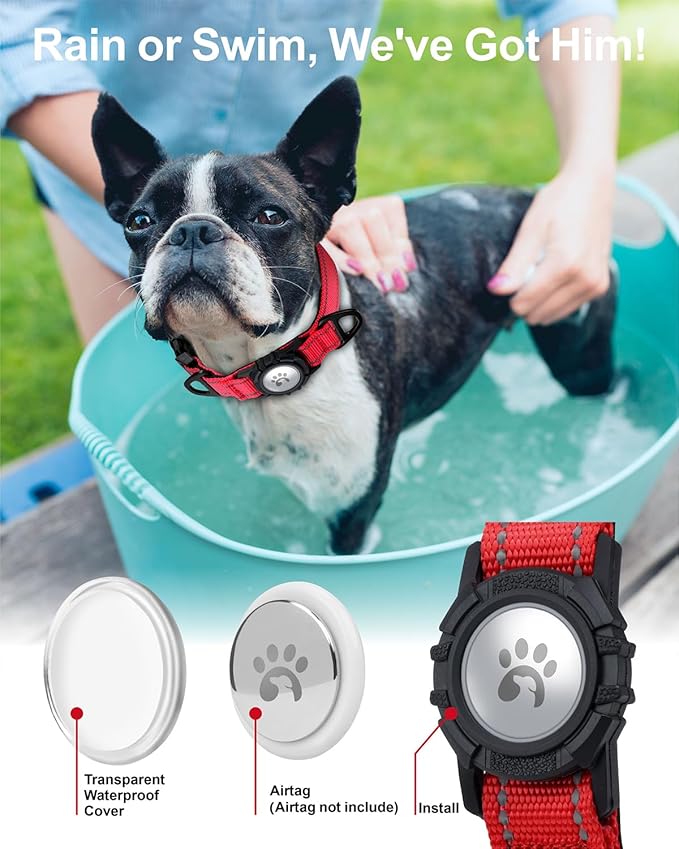 TagME Airtag Dog Collar,Waterproof Reflective Pet Collar with Airtag Holder,Soft Padded and Double D-Rings for Puppy,Red