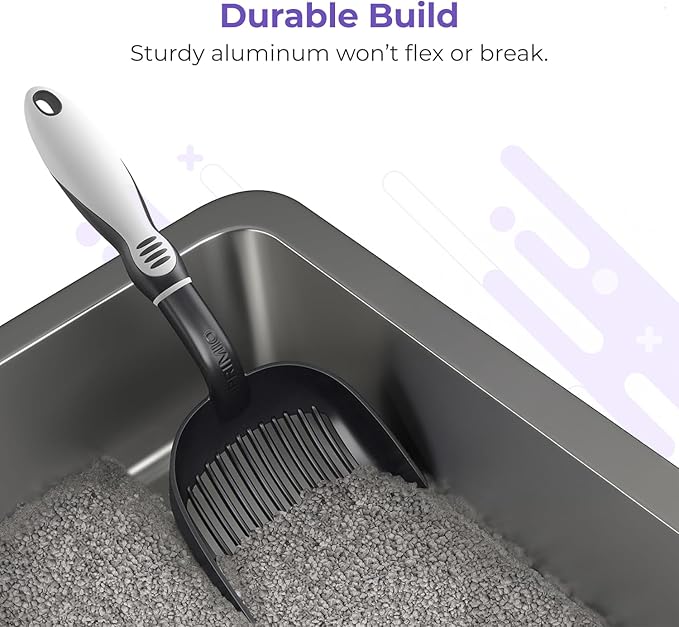 iPrimio Cat Litter Scoop Metal w/ Deep Shovel, Black - Non Stick Plated Aluminum Cat Litter Scooper with Holder - Litter Box Scooper - Metal Cat Litter Scoop - Patented Sifter w/ Holder - Solid Handle