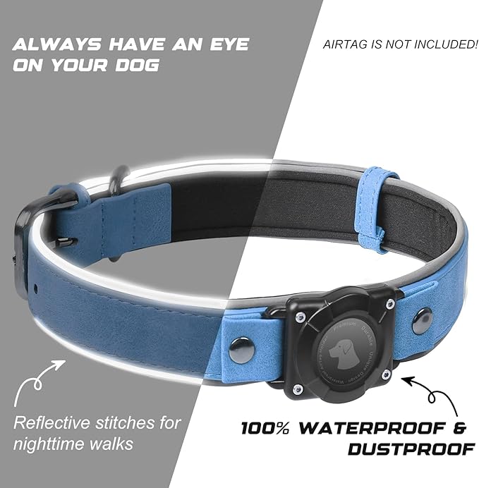 AirTag Dog Collar - Leather Dog Collar with Air Tag Holder | IPX8 Waterproof, Reflective, High - End, Adjustable Soft Padded | Dog GPS Tracker Collars Fit for Medium Large Dogs (Blue, L)