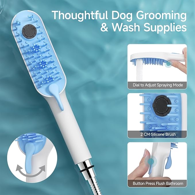 SR SUN RISE Dog Shower Attachment with 4 Adjustable Spray Modes, Pet Shower Attachment Hose for Easy Installation, Dog Shower for Bathing and Grooming, Indoor/Outdoor Use, 6.5-Foot Hose, Blue/White