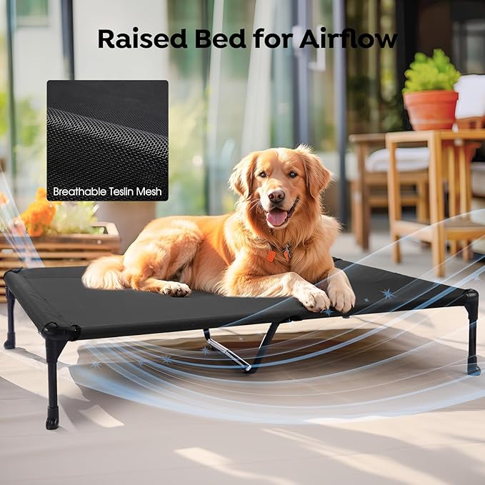 Veehoo Cooling Elevated Dog Bed with Fluffy Plush Bolster Cushion, Indoor Raised Dog Beds for Large Dogs, Soft Pet Sofa Cot with Removable Washable Mat, No-Slip Feet, 59 x 37 inches, Cream White
