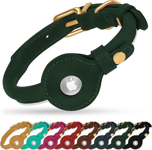 OOPSDOGGY Rolled Leather Dog Collar with Airtag Holder - Reflective Round Airtag Dog Collar - Soft Tracking Pet Collar for Small Dogs Puppy Cats Kitten (Green, S, 10"-13")