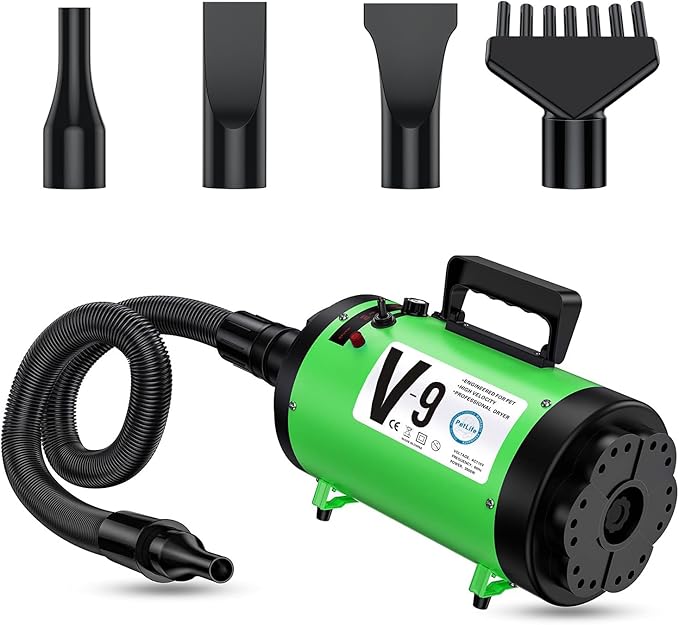PetLife Professional 5.2HP Dog Dryer with Heater, high Velocity Dog Hair Dryer, Low Noise Grooming Blower for Dogs, Adjustable Pet Force Dryer for Home and Salon Use
