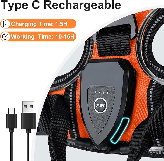 Taglory Light Up Dog Harness, Rechargeable No Pull Dog Vest with 3 Lightning Modes, Reflective Dog Harness with 2 Leash Clips & 4 Adjustable Slide Strips for Large Dogs, Orange-Orange, XL