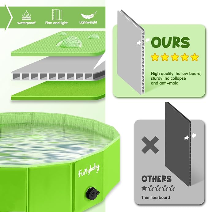 Furrybaby Dog Pool Foldable Dog Pools for Dogs Swimming Pool with Hard Plate Collapsible Pet Bath Pool Kiddie (Green 47'')