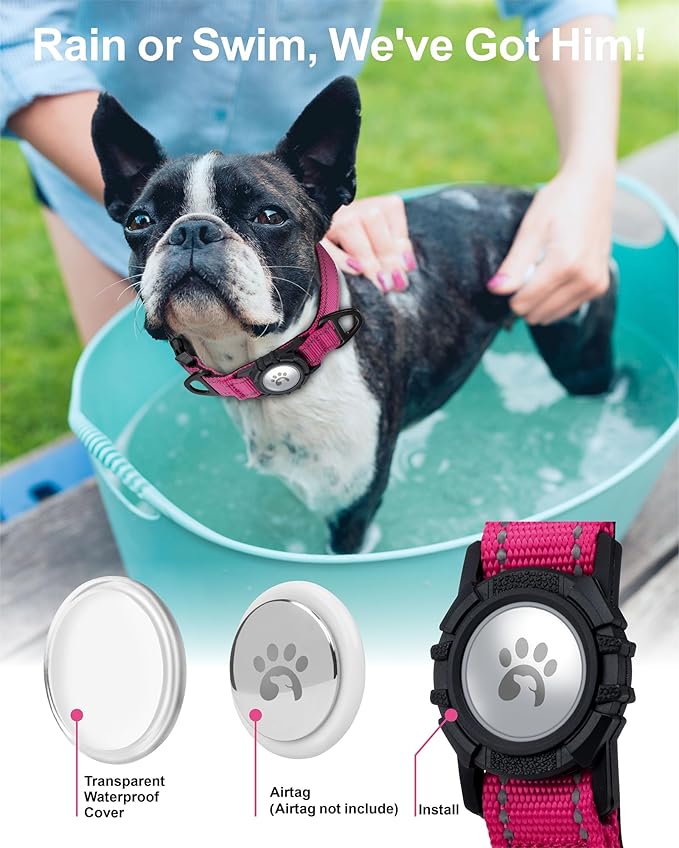 TagME Airtag Dog Collar,Waterproof Reflective Pet Collar with Airtag Holder,Soft Padded and Double D-Rings for Puppy,Hot Pink