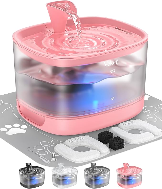 Veken Cat Water Fountain with Detachable Tank, Easy to Clean & Assemble, 84oz/2.5L Automatic Pet Drinking Dispenser with Quiet Operation & LED Light for Cats, Dogs and Small Pets, Red