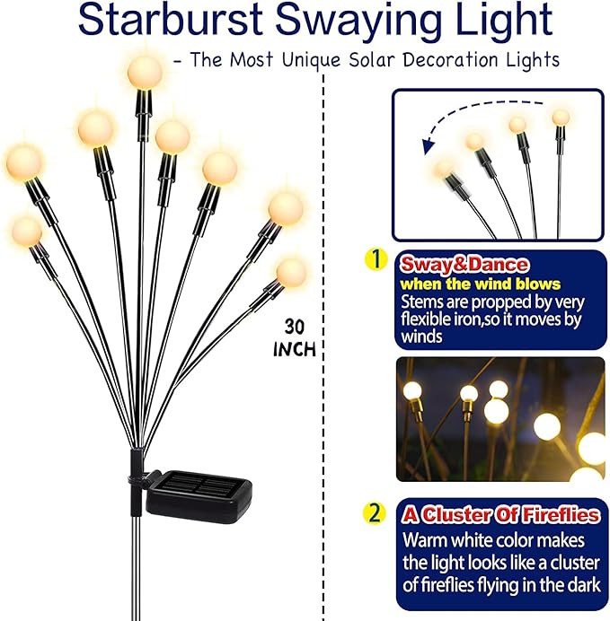 TONULAX Solar Garden Lights - Upgraded Solar Swaying Light, Sway by Wind, Outdoor Lights, Yard Patio Pathway Decoration, High Flexibility Iron Wire & Heavy Bulb Base, Warm White(6 Pack)